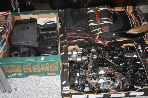 THREE BOXES OF CAMERA EQUIPMENT, including Pentax, Minolta, Praktica etc