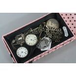 A BOX OF MIXED SILVER CHAINS, fobs, watches, etc