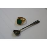 A 9CT GENTS SIGNET RING, with green stone, ring size O, approximate weight 5.7 grams and a silver