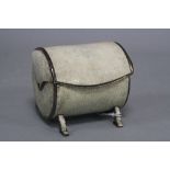 AN EARLY 20TH CENTURY CYLINDRICAL SHAGREEN COVERE BOX, silver plated frame with hinged tambour style