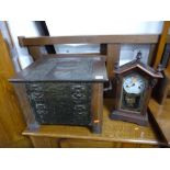 AN OAK AND BEATEN COPPER COAL BOX, and an american mantle clock (sd)pendulum and key (2)