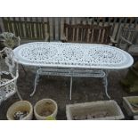 A MODERN WHITE PAINTED CAST ALUMINIUM GARDEN TABLE, with rounded ends, approximate size length 183cm