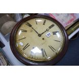 A VICTORIAN WALNUT CASED WALL CLOCK, painted dial, Roman numerals, diameter 39cm