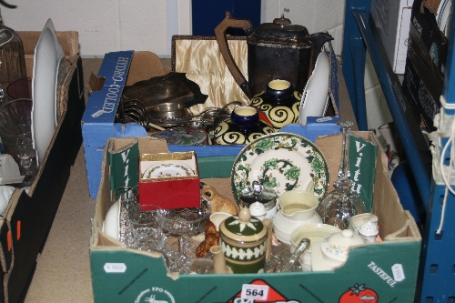 TWO BOXES OF SILVER, SILVER PLATE, CERAMICS, etc, including ashtray with hallmarked silver rests,