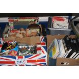 FOUR BOXES OF ASSORTED TOYS, games, meccano, magazines, model railway catalogues etc