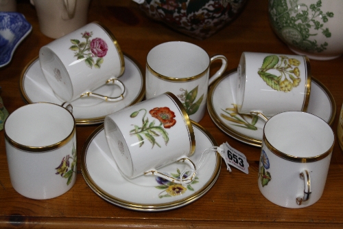 SIX ROYAL WORCESTER COFFEE CANS AND SAUCERS, 'Poppy', 'Rose', 'Columbine', 'Convolvulus', 'Lily of