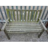 A HARDWOOD SLATTED GARDEN BENCH, approximate length 116cm