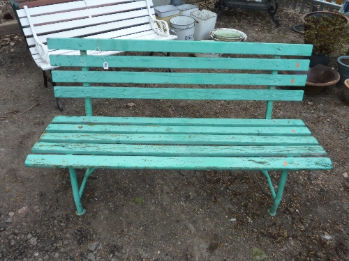 A GREEN PAINTED SLATTED GARDEN BENCH (sd)