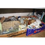 SIX BOXES OF GLASSWARE, ornaments, teawares, toys and books, Viewmasters, etc