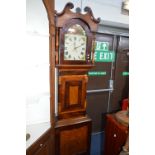 A GEORGIAN OAK AND MAHOGANY CROSSBANDED LONGCASE CLOCK, painted arched dial unmarked, approximate