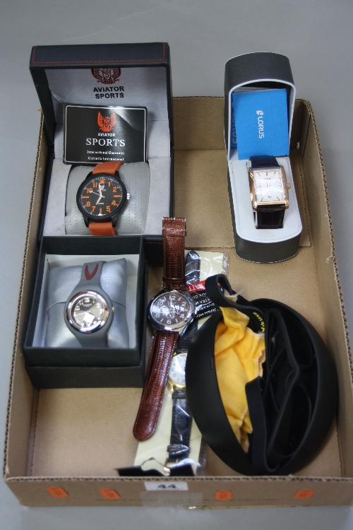 FIVE GENTS WRIST WATCHES, including Lorus, together with a pair of cased sunglasses