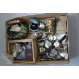 A BOX OF MIXED ITEMS, including watches, coins, costume jewellery etc