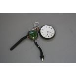 A SILVER POCKET WATCH, and a silver enamelled watch, green face