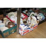SEVEN BOXES OF CERAMICS, GLASSWARE, HIOUSEHOLD GOODS, etc including a Victorian puzzle jug, motto