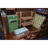 A WOODEN MAIL BOX, a bamboo folding shelf, a modern chess board and a Victorian drawer unit (sd) (