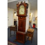 A 19TH CENTURY MAHOGANY LONGCASE CLOCK, 8 day movement, painted arched dial with sailing boats