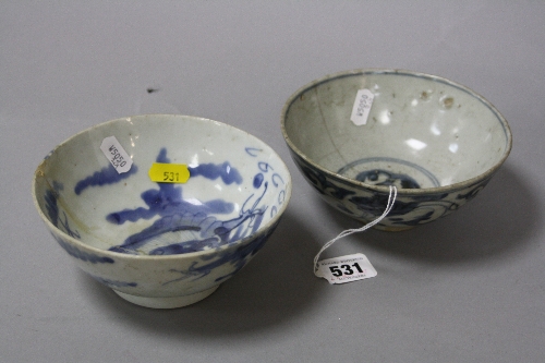 TWO CHINESE BLUE AND WHITE BOWLS, one decorated with dragons, marks to base, diameter