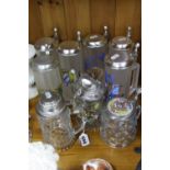 NINE GLASS BEER STEINS, most with printed decoration (9)