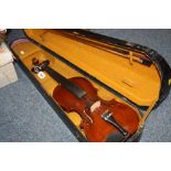 A CASED VIOLIN, with two piece back and facsimile label 'Stradivarius'