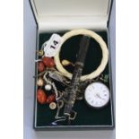 A BOX OF COSTUME JEWELLERY, including silver fob watch, Parker pen 14k nib and marked 35