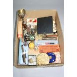 A BOX OF MISCELLANEOUS (badges, pens etc)