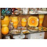 SHELLEY 'HARMONY' PATTERN JUGS, VASE AND PLATE, yellow, orange and brown banded, to include a set of