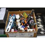 A QUANTITY OF UNBOXED AND ASSORTED PLAYWORN DIECAST VEHICLES, together with action figures,