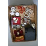 A MIXED LOT to include, beads, silver fob watch, wristwatches, costume jewellery etc