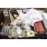A BOX OF BOOKS , COLLECTORS PLATES, autographed golf programme, broiderie anglaise Christening
