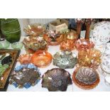 A COLLECTION OF CARNIVAL GLASS, including bowls and vases and a blue glass dish, (over 25 pieces)