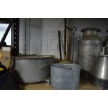 EIGHT ITEMS OF METALWARE, including a galvanised fitted tub, bucket, two dolly pegs and two