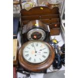 A SAMLL OAK FRAMED WALL CLOCK, (pendulum), a mantel clock (pendulum) and an oak letter rack (3)