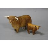 TWO BESWICK HIGHLAND CATTLE, Bull No.2008, matt and Calf No.1827D, matt (2)