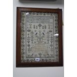 A VICTORIAN NEEDLEWORK SAMPLER, floral border with religious text, flowers, birds and animals, '