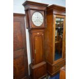 A 19TH CENTURY MAHOGANY CROSSBANDED LONGCASE CLOCK, eight day movement, painted circular dial