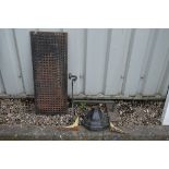 A CAST IRON FLOOR GRATE, fire dog, gutter top and two sink supports (5)