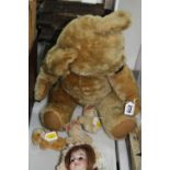 A GOLDEN PLUSH TEDDY BEAR, no makers marking, looks to be c.1970's, plastic eyes, vertical