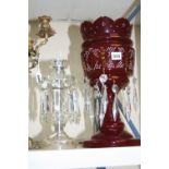 A LATE 19TH CENTURY RED GLASS LUSTRE, s.d, together with another clear glass example (2)