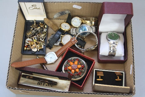 A TRAY OF MIXED COSTUME JEWELLERY, watches, etc