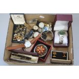 A TRAY OF MIXED COSTUME JEWELLERY, watches, etc