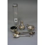 A MID 20TH CENTURY CIRCULAR SILVER THREE PIECE CONDIMENT SET, fitted plastic liners, maker Joseph