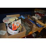 TWO TRAYS OF MISCELLANEOUS, including tools, an ammo box of tools, a metal tool box with contents