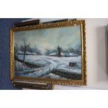 PICTURES AND PRINTS, a large oil on canvas winter scene, indistinctly signed, 60cm x 91cm,