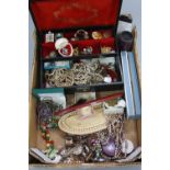 A BOX OF MIXED COSTUME JEWELLERY, etc