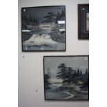 A PAIR OF JAPANESE RIVER LANDSCAPES, painted on fabric, framed and glazed as square, 50.5cm