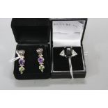 A PAIR OF SILVER SUFFRAGETTE STYLE EARRINGS, together with a dress ring, size M (2)