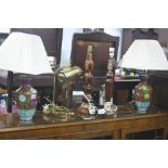A PAIR OF MID 20TH CENTURY CLOISONNE TABLE LAMPS, with shades, brass desk lamp and three table lamps