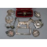 A MIXED LOT OF SILVER ITEMS, including fobs, brooches, chains, etc