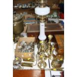 A BRASS/GLASS OIL LAMP, other brasses, warming pan, cutlery etc