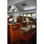 AN EDWARDIAN INLAID CORNER CHAIR, and a modern table lamp with glass shade (2)